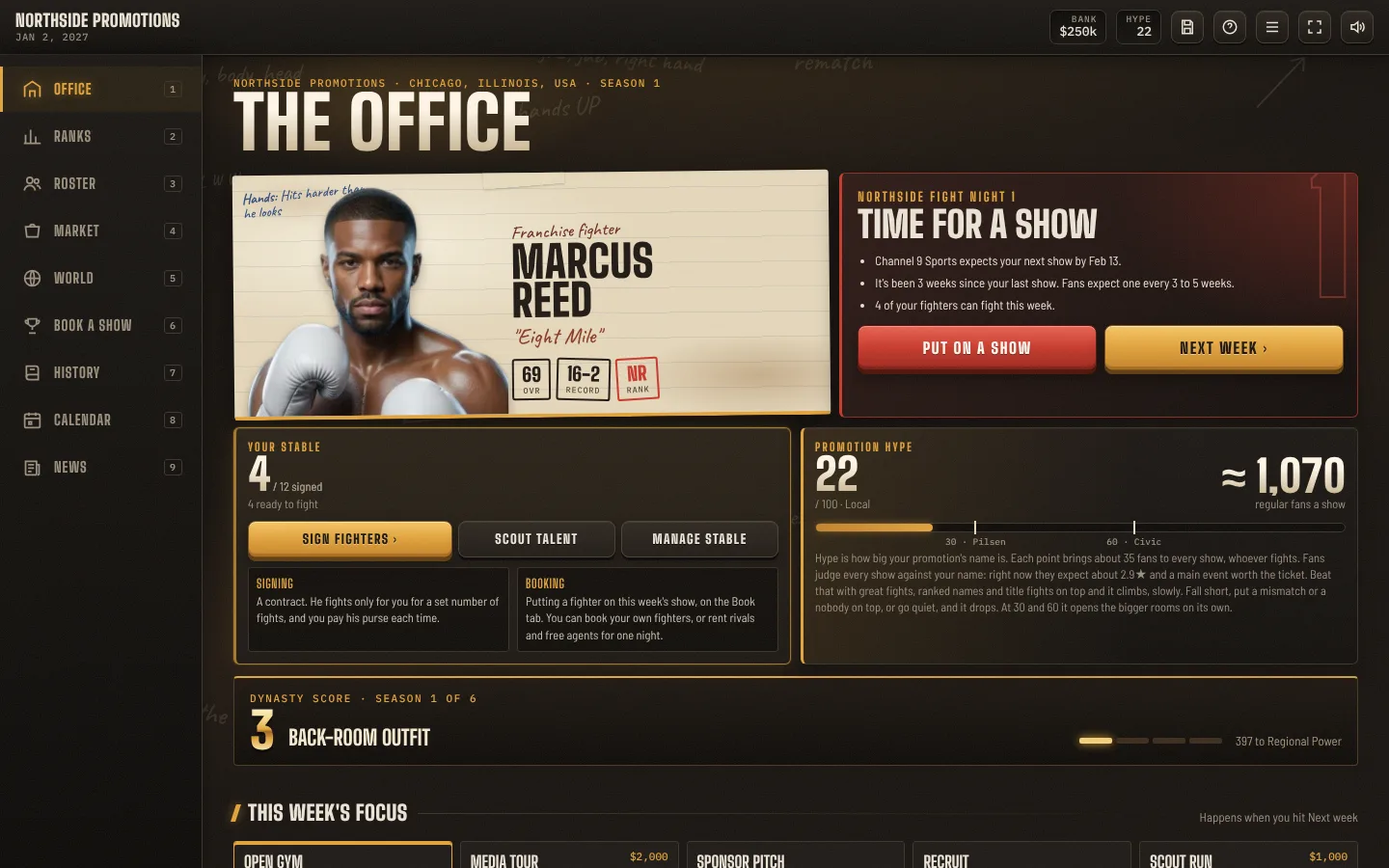 The Office screen with your franchise fighter, next show and promotion hype